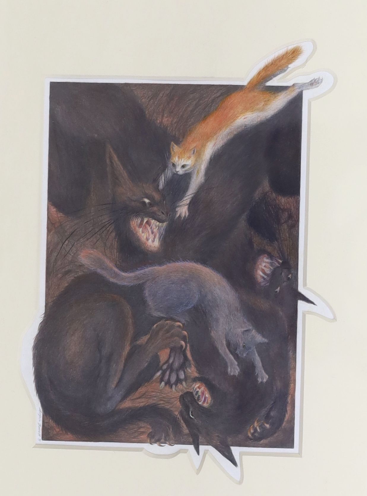 Angela Barrett (b.1955), watercolour and pencil, 'The Witch cats....' illustration for Jenny Nimmo, The Witches and the Singing Mice', 1993, Chris Beetles label verso, 24 x 17cm